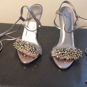 Pewter Strappy Ankle Wrap Heeled Sandal